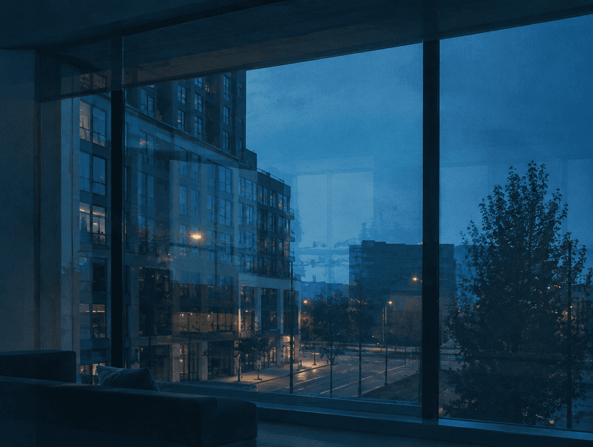 A city street at blue hour through a window