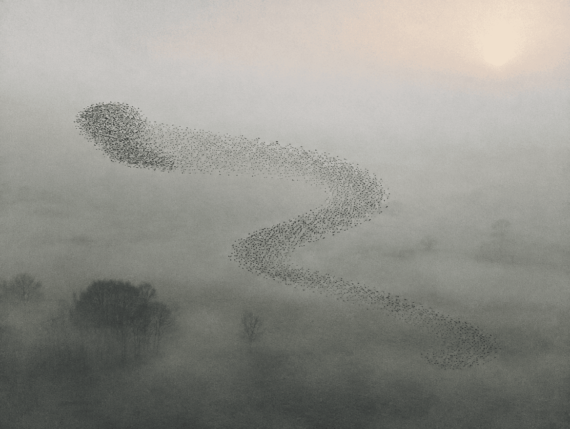 A murmuration of starlings moving in formation
