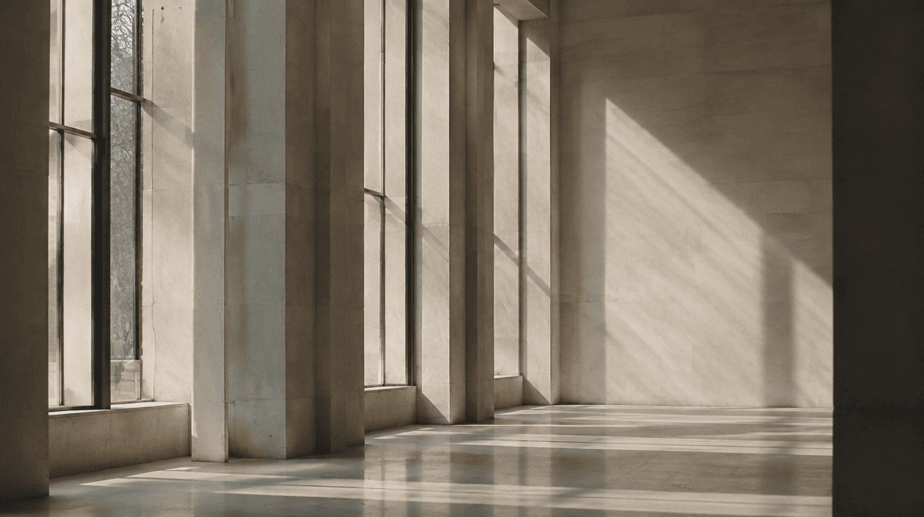 A modernist stone interior in morning light