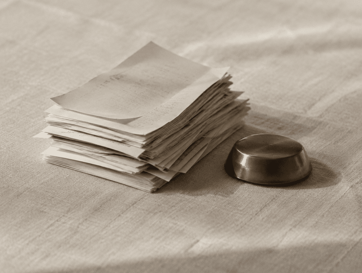 A neat stack of receipts under a paperweight